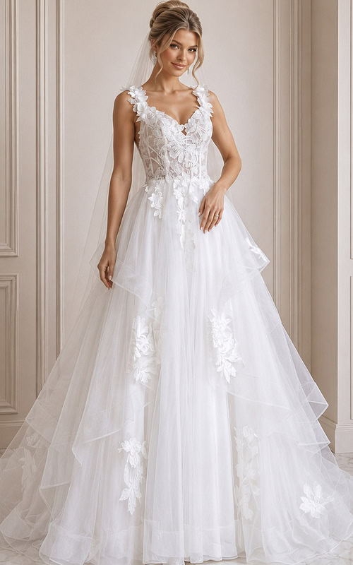 ivory 3D floral lace tiered A-line wedding dress with sweetheart neckline and floral straps, front view, Jovani Bridal style JB43314