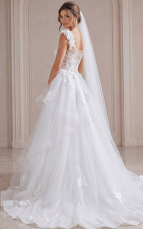 ivory 3D floral lace tiered A-line wedding dress with sweetheart neckline and floral straps, front view, Jovani Bridal style JB43314