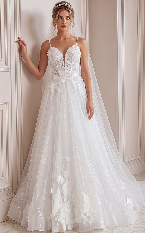 ivory 3D floral lace A-line wedding dress with plunging sweetheart neckline, spaghetti straps and glitter tulle skirt, front view, Jovani Bridal style JB43315