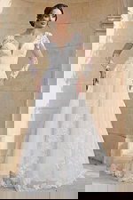 elegant long sleeve floral lace A line bridal gown with deep V neckline