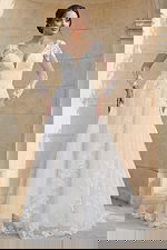 elegant long sleeve floral lace A line bridal gown with deep V neckline