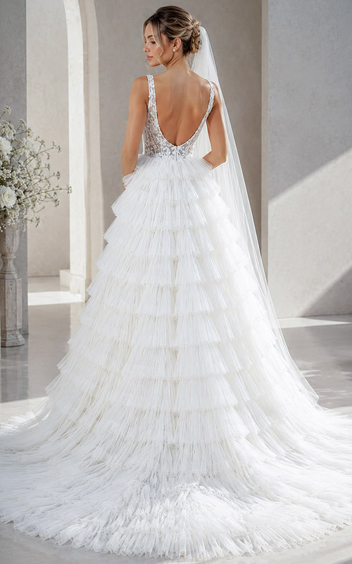 white tulle deep V neck A-line wedding dress with beaded sheer bodice and tiered ruffle skirt, front view, Jovani Bridal style JB43318