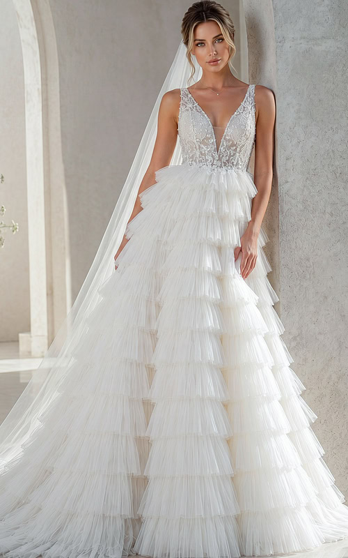 white tulle deep V neck A-line wedding dress with beaded sheer bodice and tiered ruffle skirt, front view, Jovani Bridal style JB43318