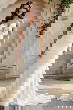 Lace bridal gown with illusion plunge neckline and button back detail