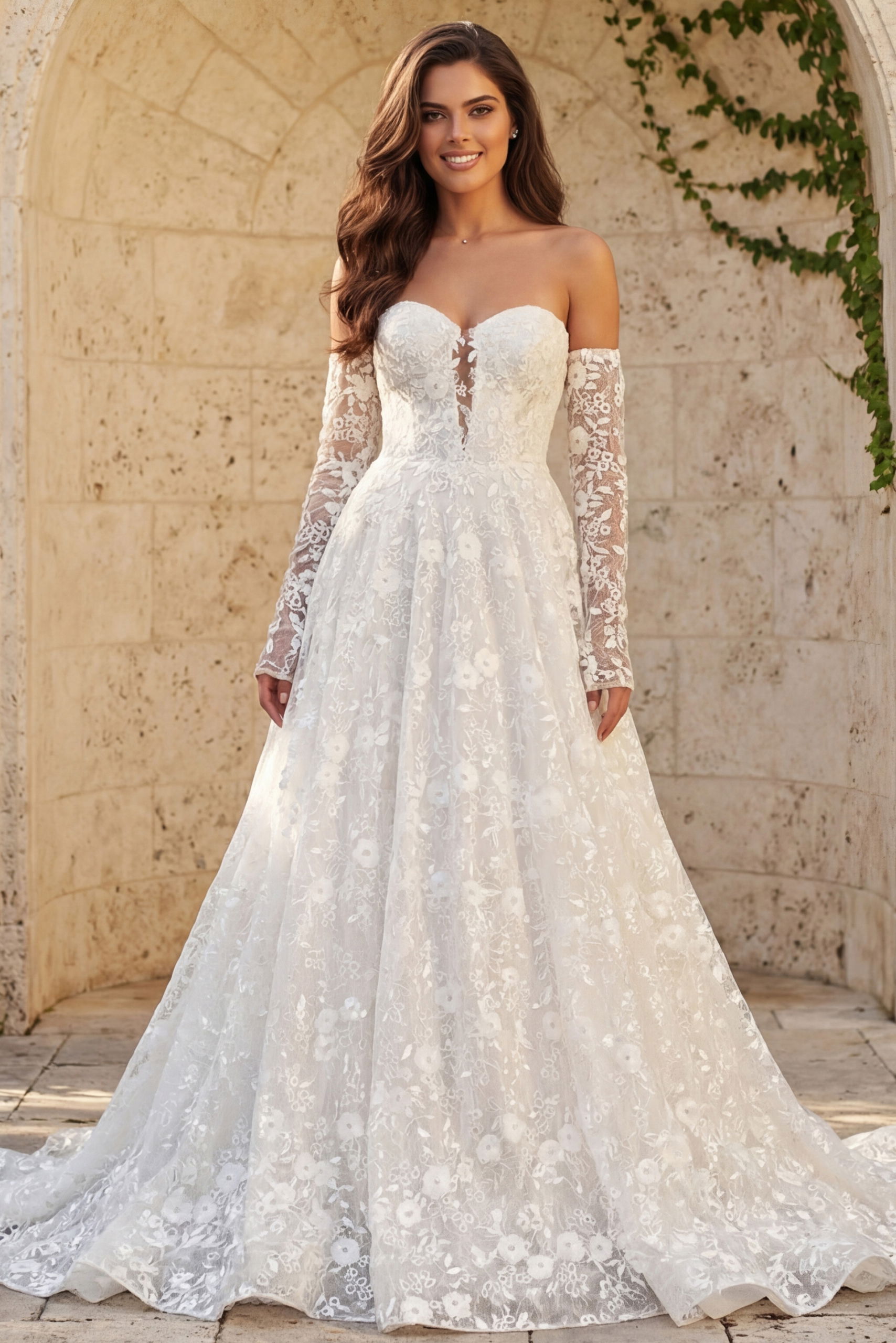 JB43864-1 Lace off shoulder bridal gown with floral lace bodice, long sheer sleeves, and full A line skirt.
