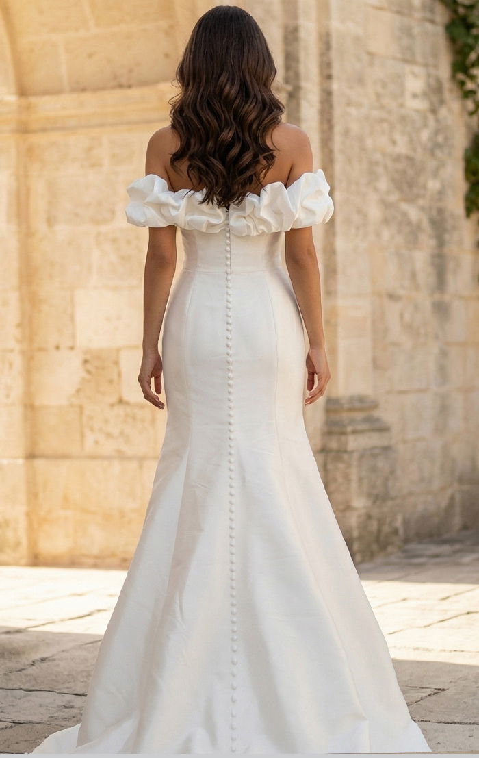 Off the Shoulder Satin Bridal Gown with Ruffled Sleeves and Train