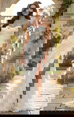 ruched bodice ivory gown with sweetheart neckline and high slit