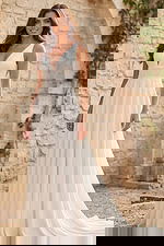 Bride wearing deep V neck lace A line wedding gown front vi