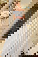 off the shoulder long pleated skirt wedding dress JB45169