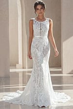 ivory floral lace fitted mermaid wedding dress with high neckline and open keyhole back, front view, Jovani Bridal style JB45671