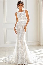 ivory floral lace fitted mermaid wedding dress with high neckline and open keyhole back, front view, Jovani Bridal style JB45671