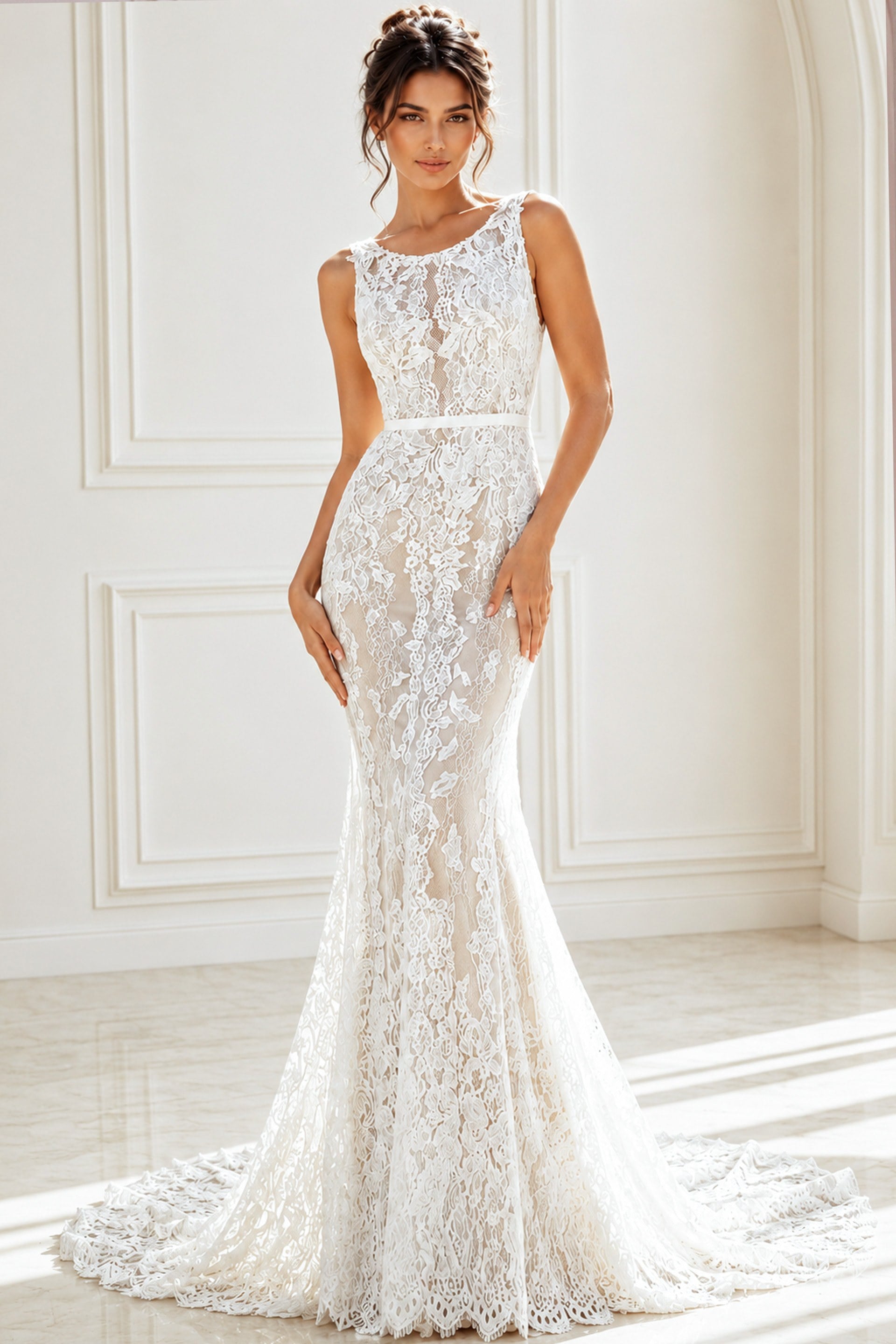 JB45671-3 ivory floral lace fitted mermaid wedding dress with high neckline and open keyhole back, front view, Jovani Bridal style JB45671