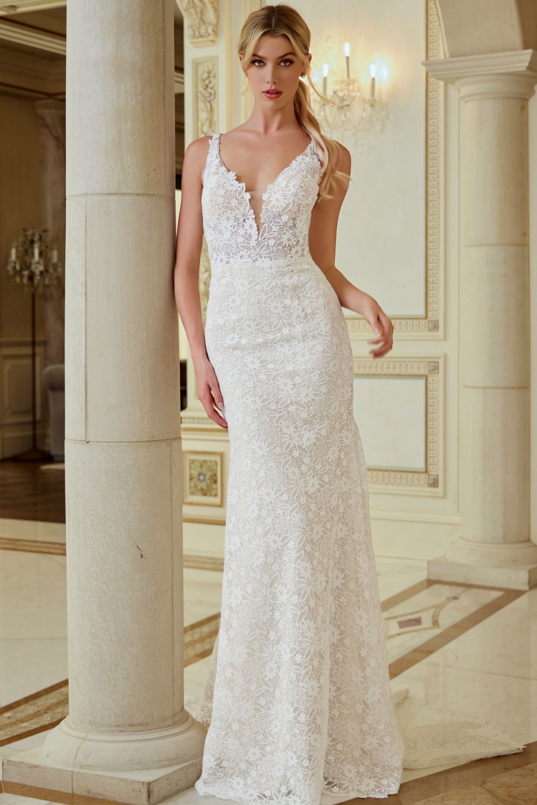Lace Sheath Wedding Dress with Plunging Neckline JB47331 Jovani - Main Image
