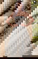 Strapless lace midi gown with fitted bodice and softly flared skirt