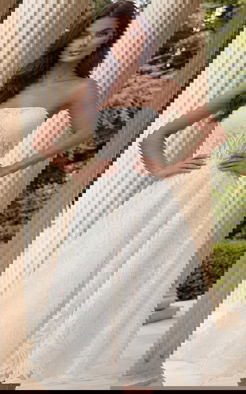 Strapless lace midi gown with fitted bodice and softly flared skirt