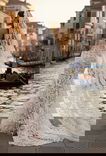 Back view of fitted lace bridal gown with long veil and elegant train