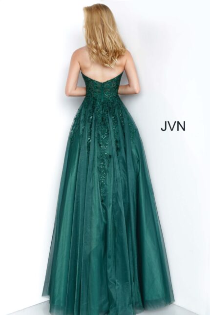 Back view of Jovani 00915 green gown showing elegant fabric drape and strapless design.