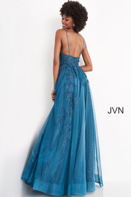 Model wearing Jovani 02266 blue gown, back view showing delicate straps.