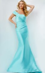 Model wearing JVN04723 Taupe One Shoulder Mermaid Evening Dress