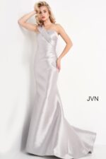 Model wearing JVN04723 Taupe One Shoulder Mermaid Evening Dress