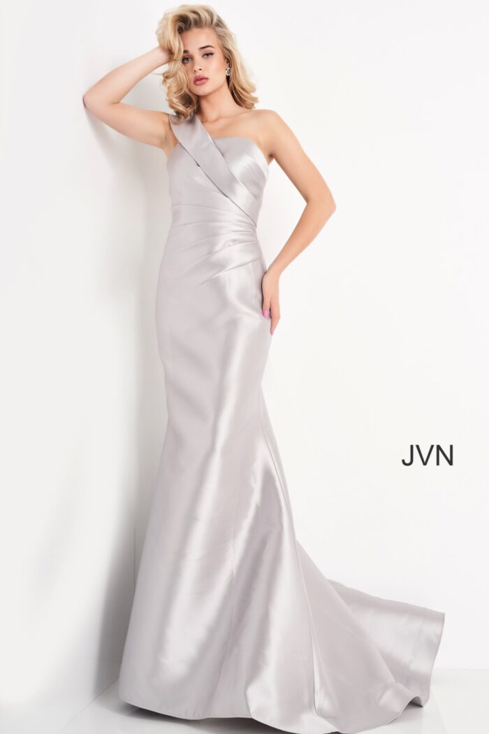 Model wearing JVN04723 Taupe One Shoulder Mermaid Evening Dress