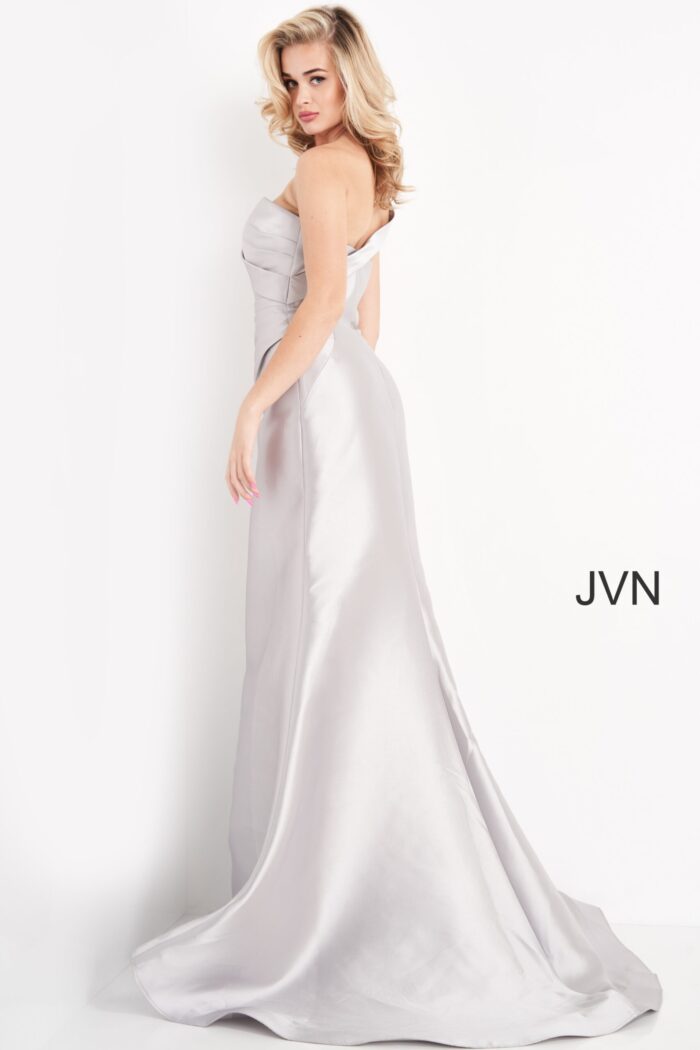 Model wearing JVN04723 Taupe One Shoulder Mermaid Evening Dress