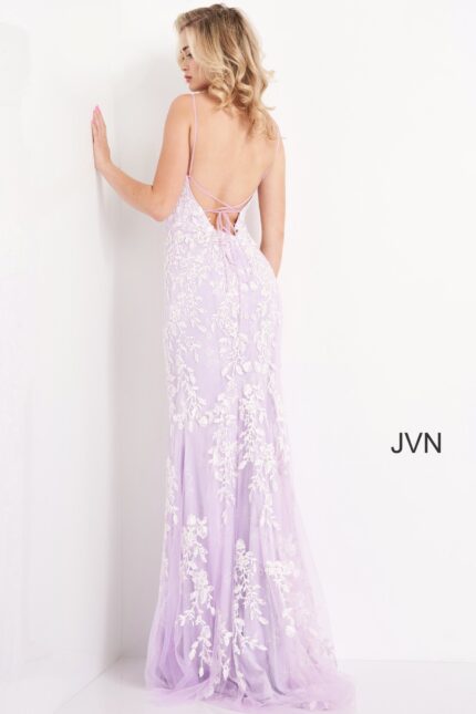 Model showcasing the back of Jovani 06660 lilac dress with lace-up detail.