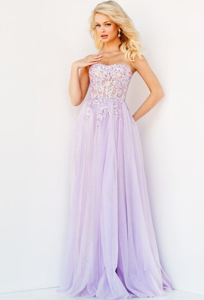 Model wearing Jovani 07434 lilac gown with sweetheart neckline and high slit.
