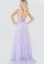 Model wearing Jovani 07434 lilac gown with sweetheart neckline and high slit.