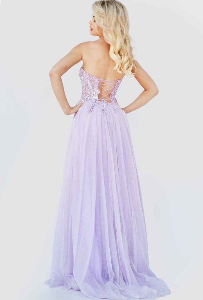 Model wearing Jovani 07434 lilac gown with sweetheart neckline and high slit.