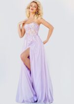 Model wearing Jovani 07434 lilac gown with sweetheart neckline and high slit.