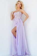 Model showcasing the lace-up back of Jovani 07434 lilac gown.