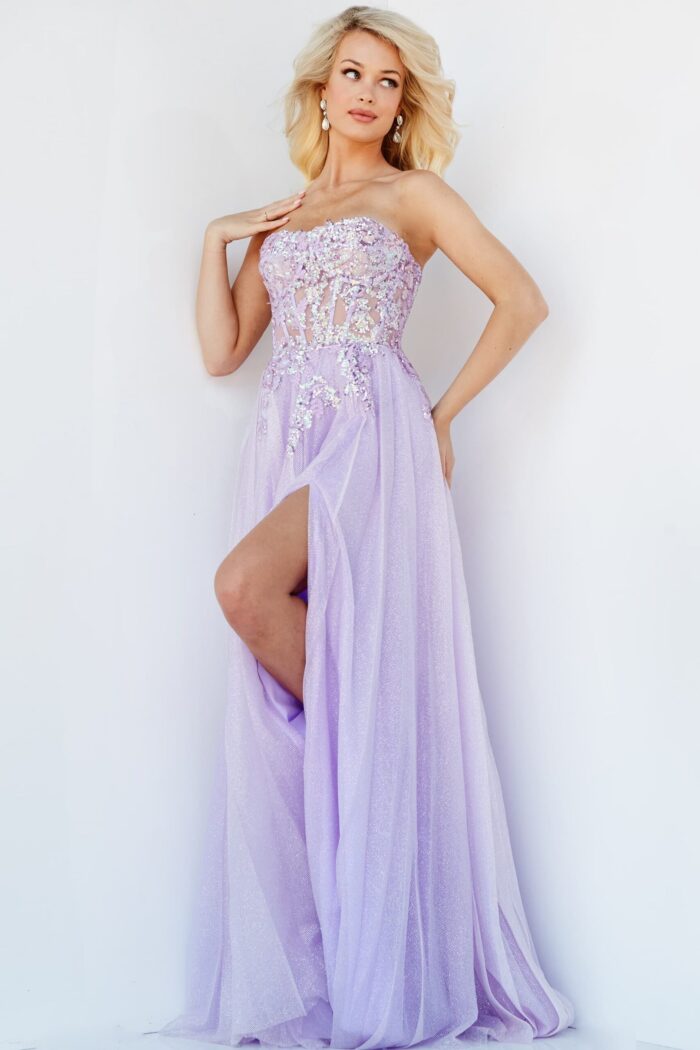 Model showcasing the lace-up back of Jovani 07434 lilac gown.