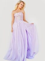 Model wearing Jovani 07434 lilac gown with sweetheart neckline and high slit.