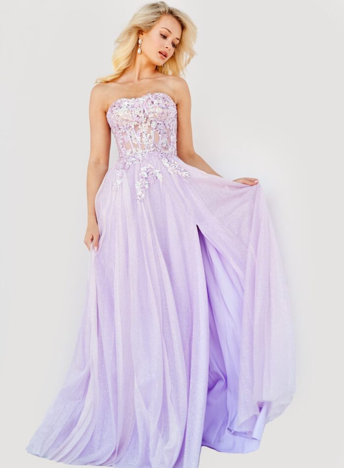Model wearing Jovani 07434 lilac gown with sweetheart neckline and high slit.