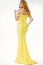Back view of model wearing Jovani 07639 in yellow, showcasing the elegant flow of the gown.