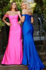 Models in Jovani 07639 gown, front view in pink and royal blue.