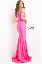 Back view of model in Jovani 07639 fuchsia gown, highlighting the flowing train.