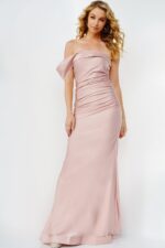 back view of model wearing Jovani 07640 in blush with off-the-shoulder neckline and floor-length design