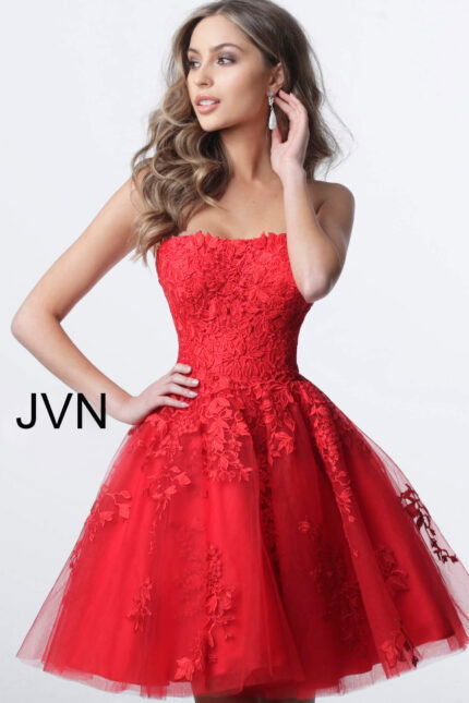model wearing Jovani 1830 red A-line dress with floral lace at the front