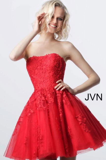model wearing Jovani 1830 red A-line dress with floral lace