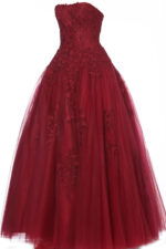 Jovani 1831 ball gown in burgundy, front view with floral details