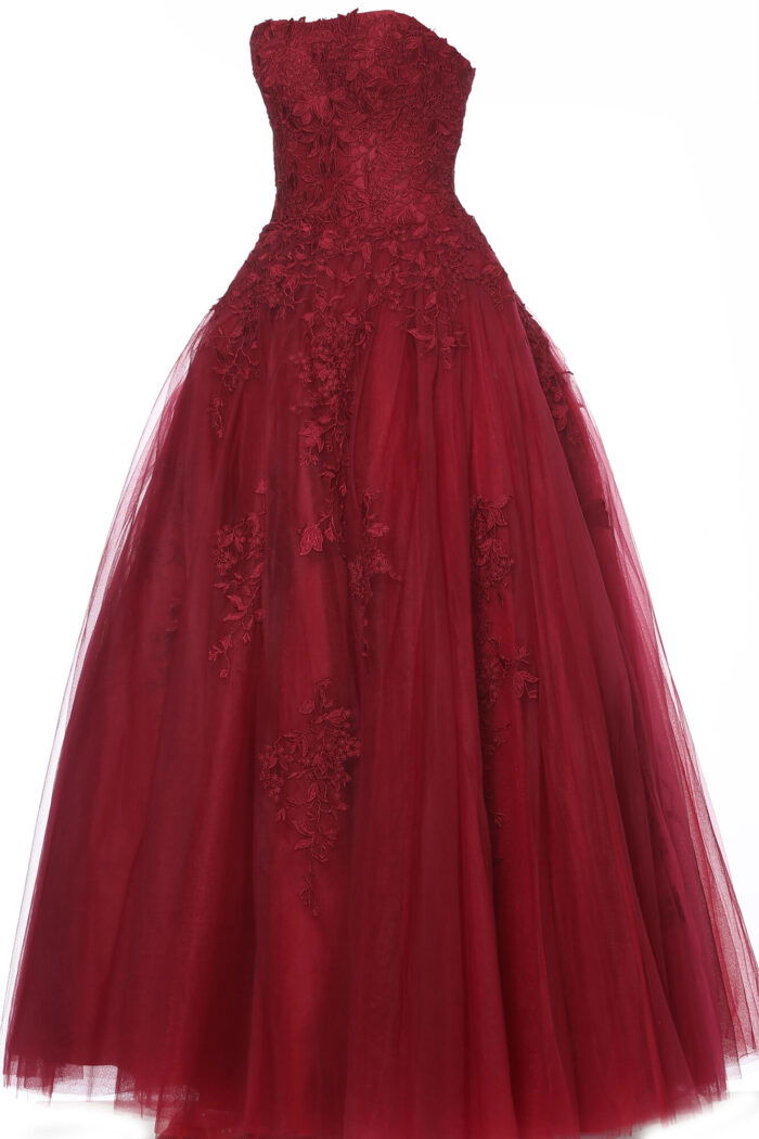 Jovani 1831 ball gown in burgundy, front view with floral details