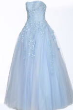 Jovani 1831 ball gown in light blue, front view with floral details