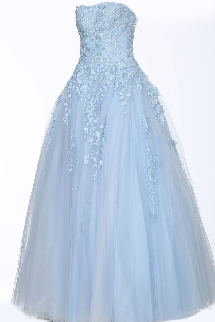 Jovani 1831 ball gown in light blue, front view with floral details