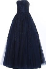 Jovani 1831 ball gown in navy, front view with floral details