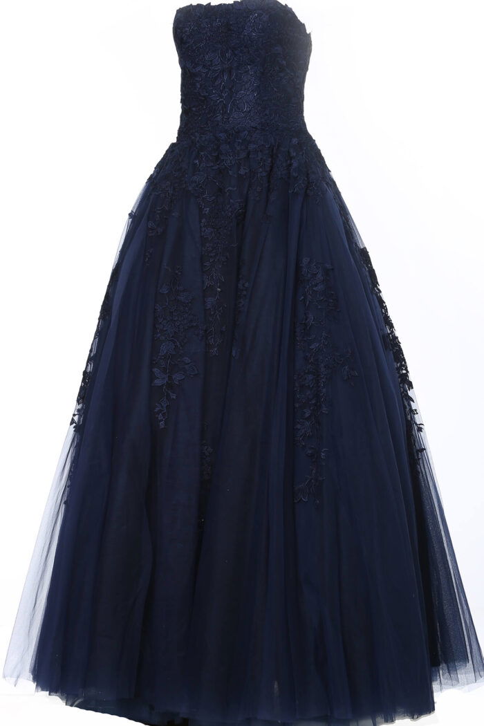 Jovani 1831 ball gown in navy, front view with floral details