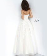 Model wearing Jovani 1831 ball gown in off-white, back view