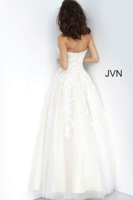 Model wearing Jovani 1831 ball gown in off-white, back view