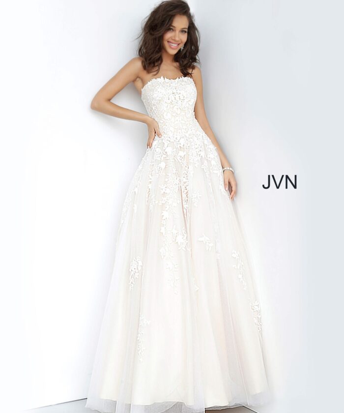 Model wearing Jovani 1831 ball gown in off-white, front view